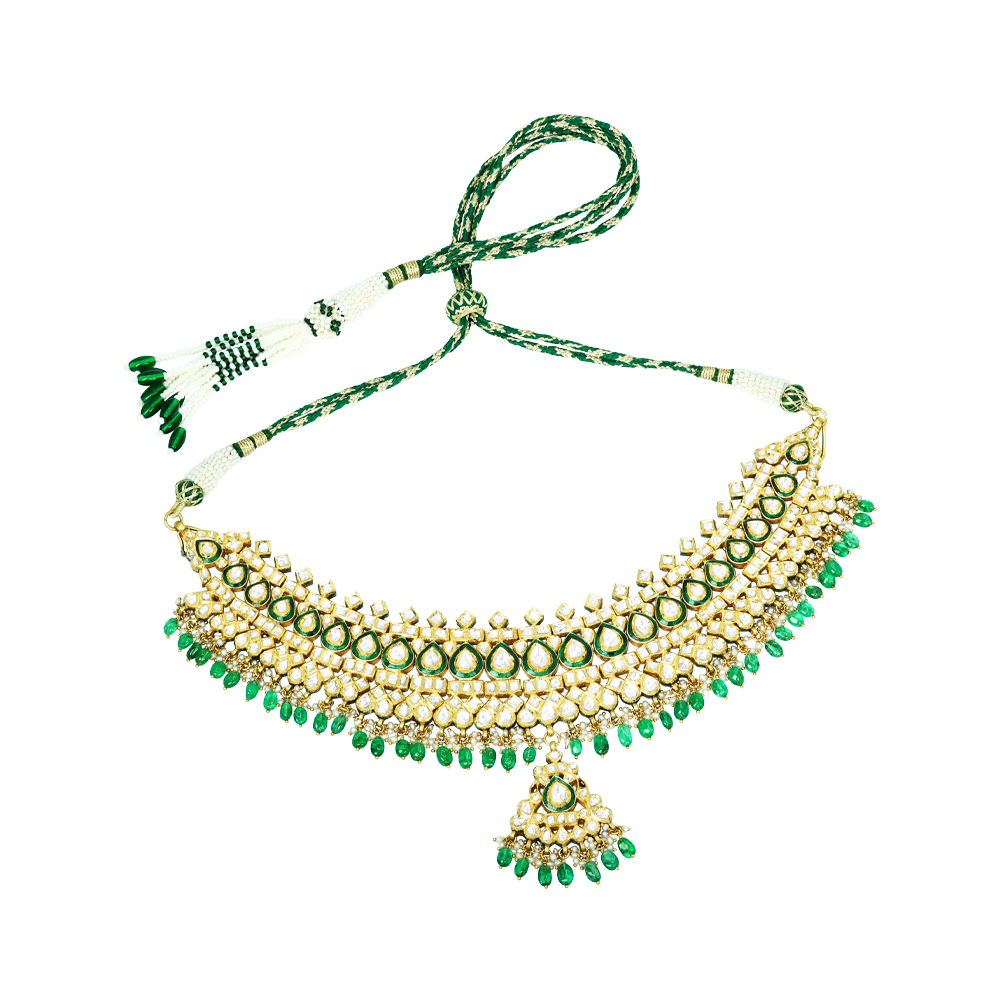 Polki Choker with Green Meenakari and Emerald Maniya